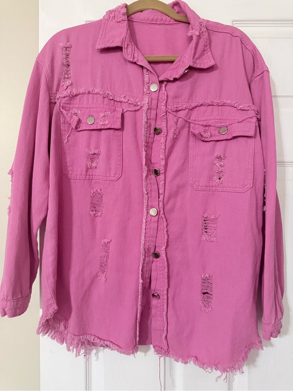 Women’s Pink Distressed Denim Shacket Jacket